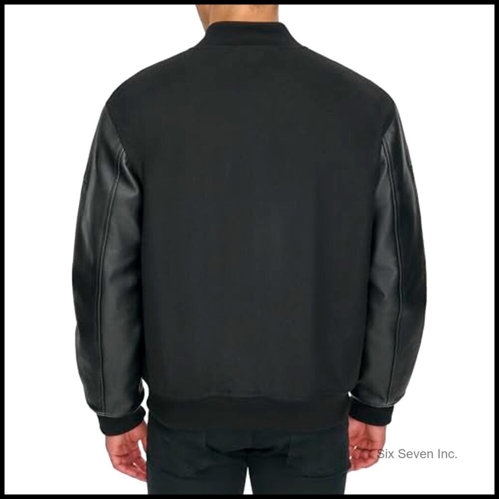 Varsity Bomber Jacket Mixed Media Faux Leather Wool Blend Retro Classic - Picture 3 of 7